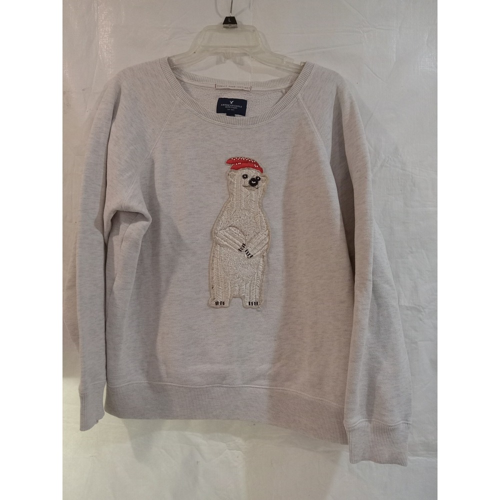 American Eagle Polar Bear Sequin Embroidered Sweatshirt XXL Gray Christmas
